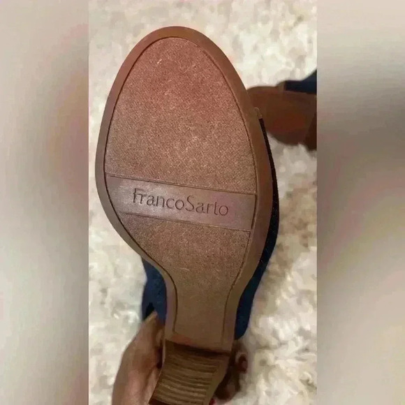 Franco Sarto Denim and Brown Peep-Toe Ankle Boots - Picture 6 of 12